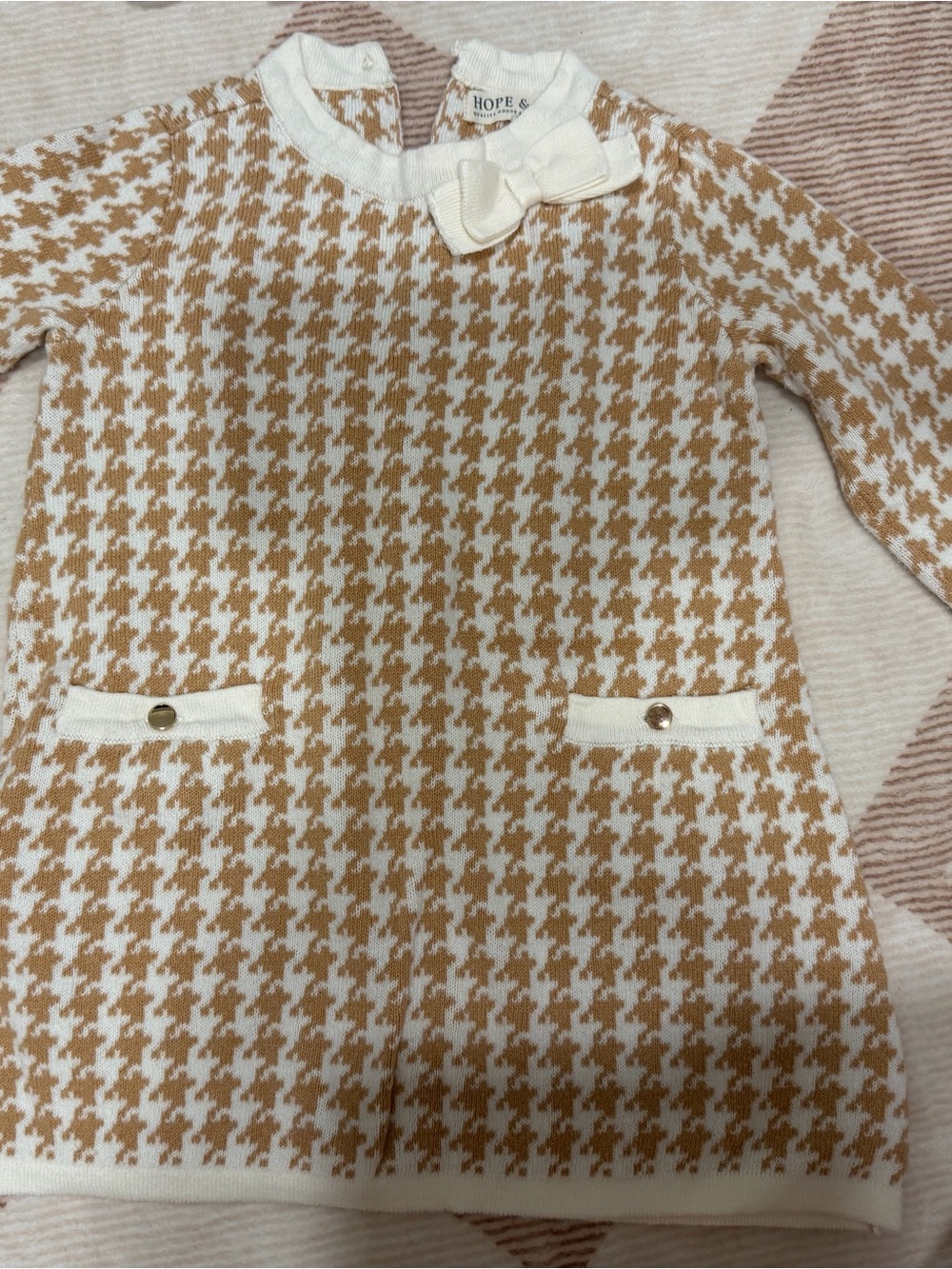 Hope & Heart Cream and Brown Houndstooth Knit Dress with Bow